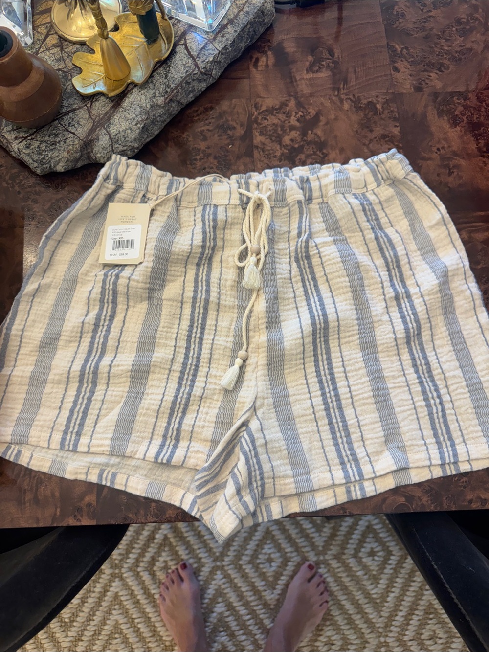 Faherty Striped High-Waist Drawstring Shorts - Blue & Cream